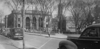 Pollock Road near Schwab Auditorium and Old Main in the 1940s.