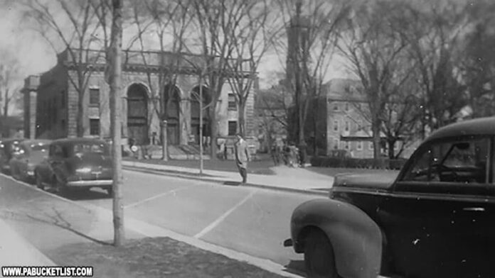 Pollock Road near Schwab Auditorium and Old Main in the 1940s.