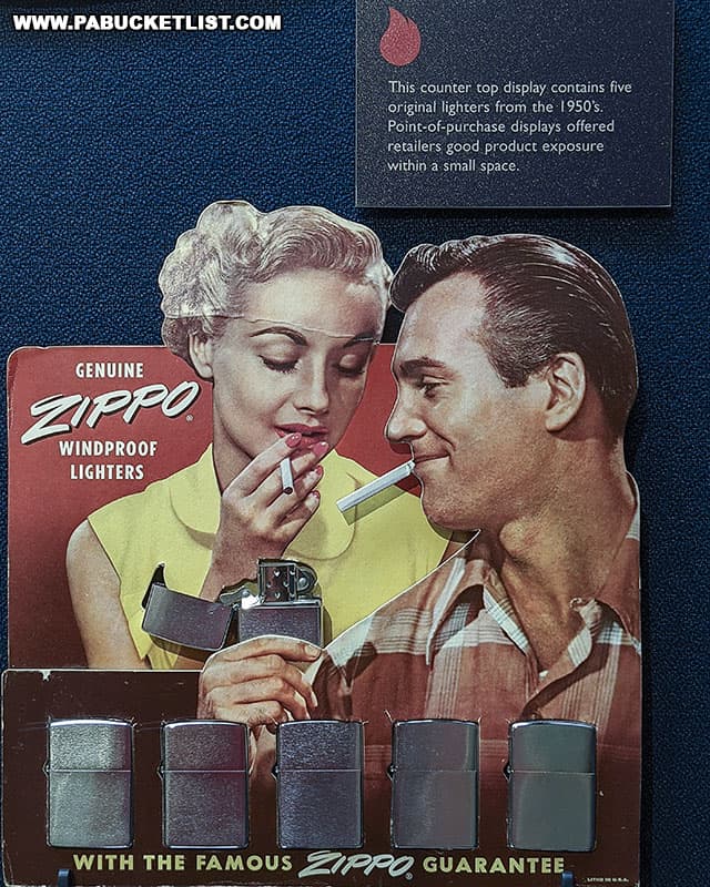 Vintage Zippo advertising memorabilia on display at the Zippo/Case Museum in Bradford, Pennsylvania.