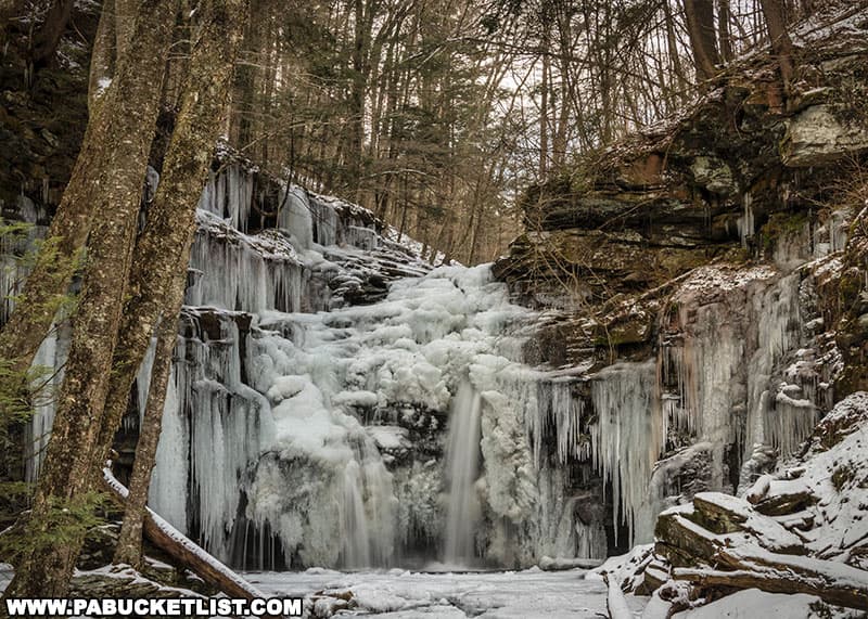 Ice hiking to Big Falls along Heberly Run on State Game Lands 13 in Sullivan County, PA.
