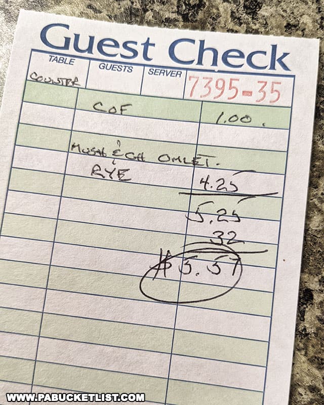 Guest check from the Choke and Puke Diner in Loganton Pennsylvania.