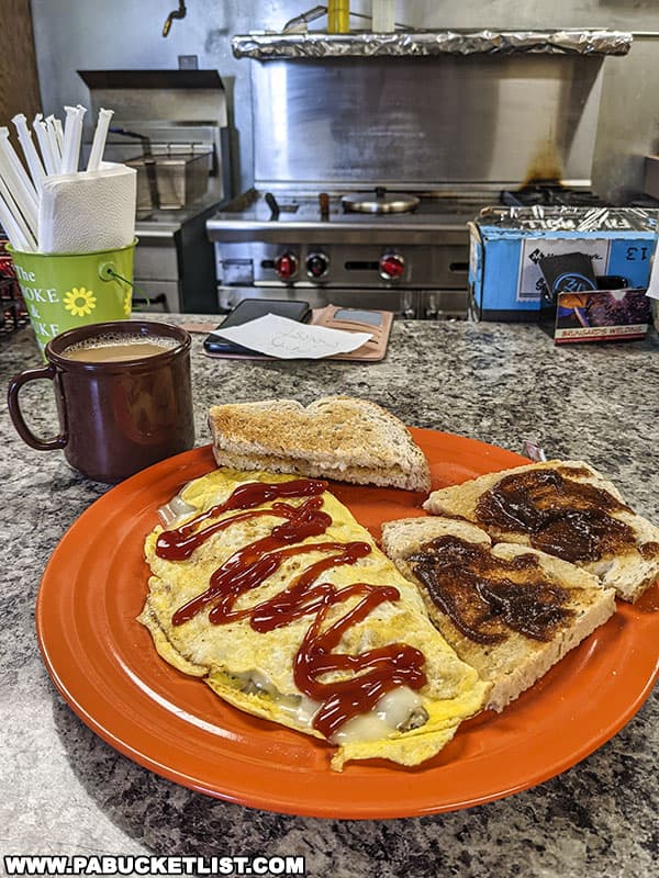Omelette, rye toast, and coffee at the Choke and Puke Diner in Loganton Pennsylvania.