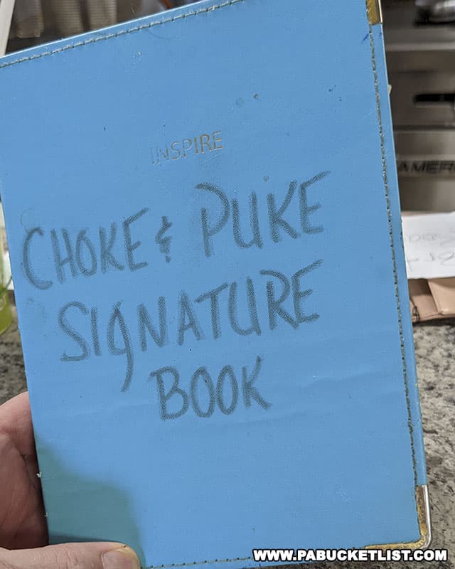 The guest book at the Choke and Puke Diner in Clinton COunty Pennsylvania.