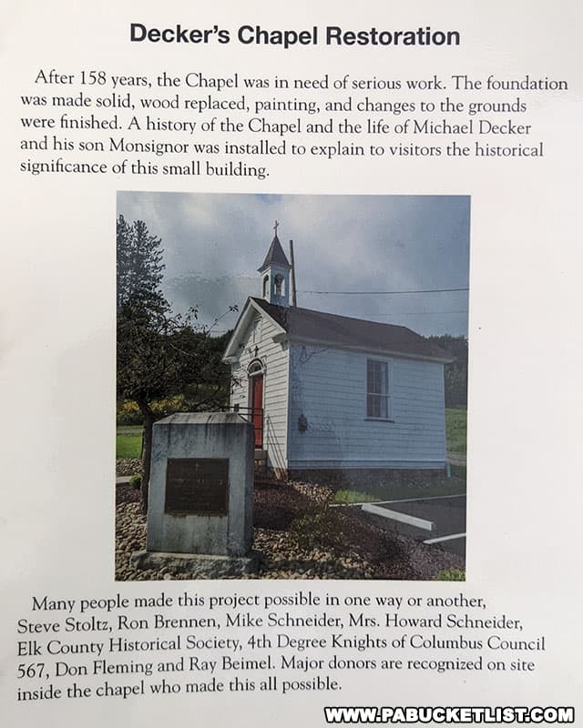 Details about the restoration of Decker's Chapel in 2016.