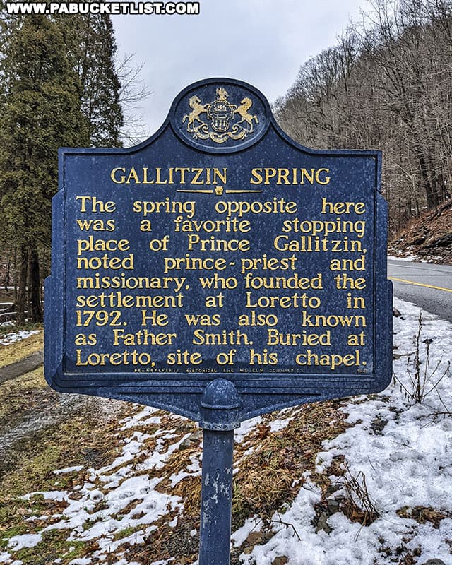 Gallitzin Spring historical marker along old Route 22 in Cambria County, PA.