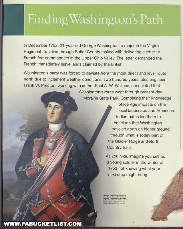 History of George Washington traversing what is now the Glacier Ridge Trail at Moraine State Park.