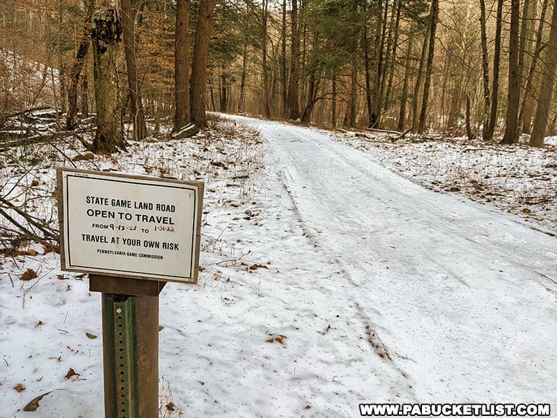 Snow-covered Grassy Hollow Road on State Game Lands 13 in Sullivan County, Pennsylvania.