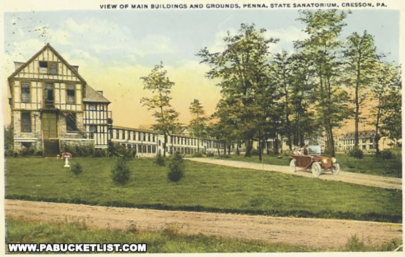 Vintage postcard showing the Tudor-style structures at the Cresson Tuberculosis Sanatorium.