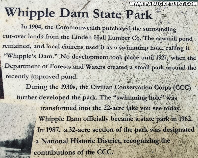 History of Whipple Dam State Park in Huntingdon County, Pennsylvania.