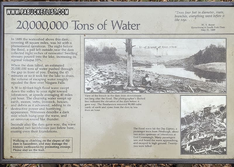 Infographic about the amount of water unleashed from Lake Conemaugh when the South Fork Dam failed, causing the Johnstown Flood of 1889.