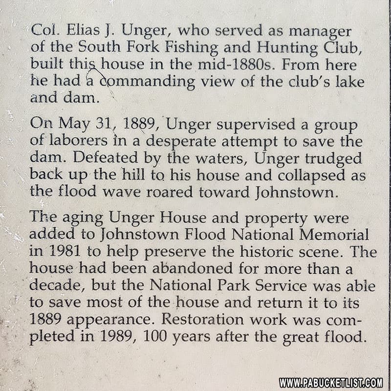 Brief biography of Elias Unger on display at the Johnstown Flood National Memorial.