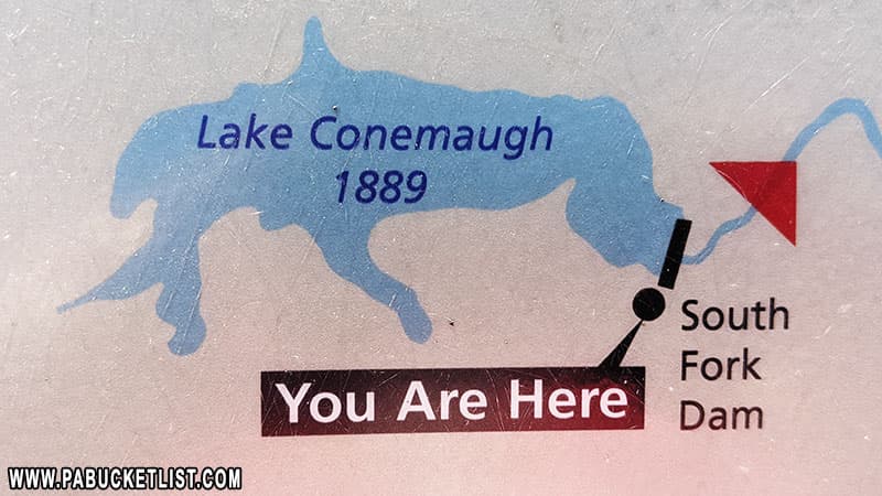 Graphic showing how large Lake Conemaugh was in 1889, on display at the Johnstown Flood National Memorial.