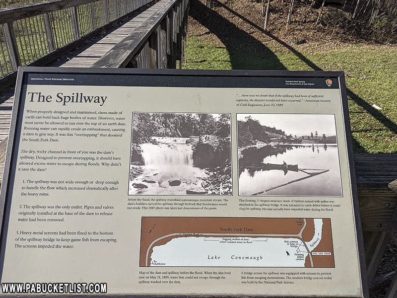 The spillway at the South Fork Dam, with images of how it looked prior to the dam failing in 1889.