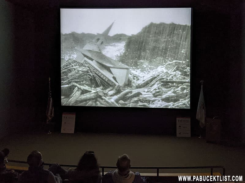 Movie about the Johnstown Flood playing in the theatre at the Johnstown Flood National Memorial.
