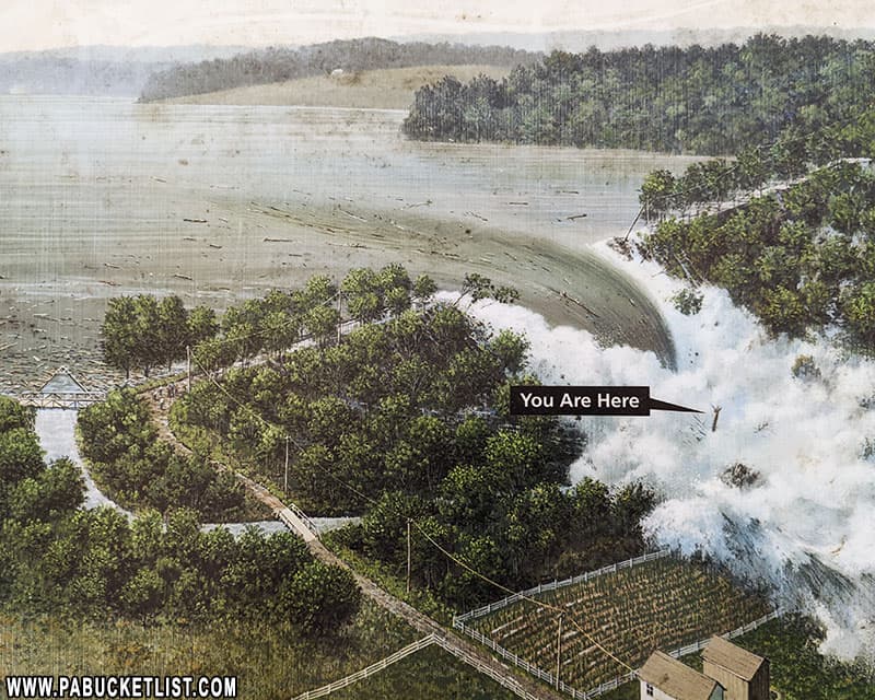 Graphic illustration showing the moment the South Fork Dam burst on May 31, 1889, causing the Johnstown Flood.