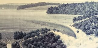 Illustration of the South Fork Dam failing on May 31, 1889, causing the Johnstown Flood.
