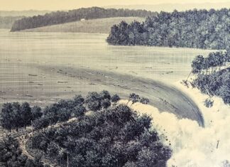 Illustration of the South Fork Dam failing on May 31, 1889, causing the Johnstown Flood.