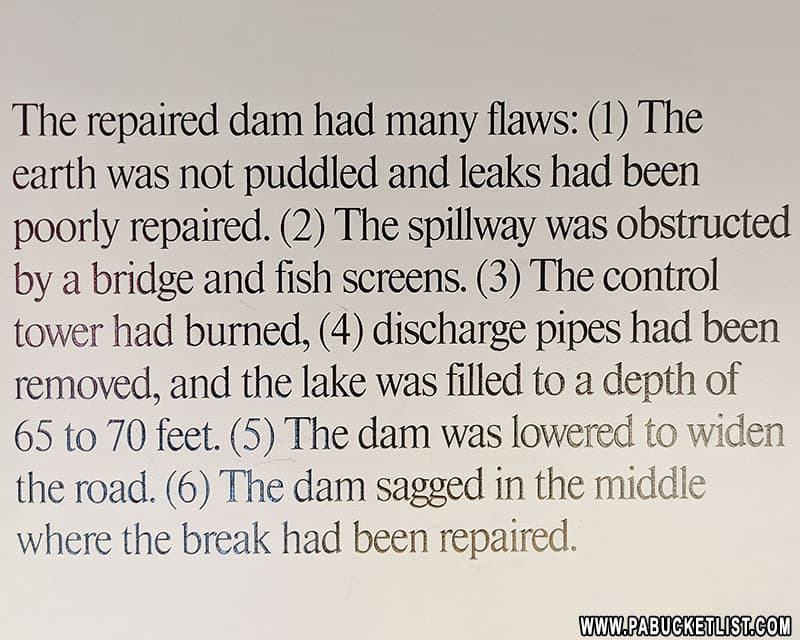 Structural reasons why the South Fork Dam failed in 1889, leading to the Johnstown Flood.