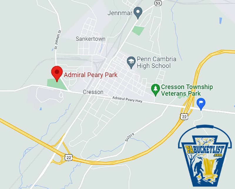 Map to Admiral Peary Park and Monument in Cresson, PA.