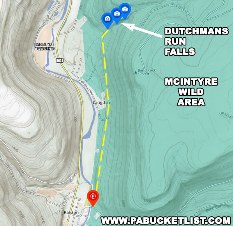 A map to the waterfalls along Dutchmans Run in the McIntyre Wild Area of Lycoming County, PA.