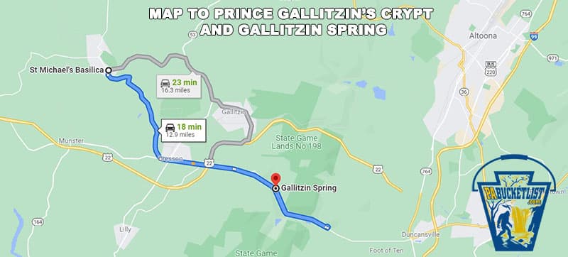 Map to Prince Gallitzin's crypt and Gallitzin Spring in Cambria County, PA.