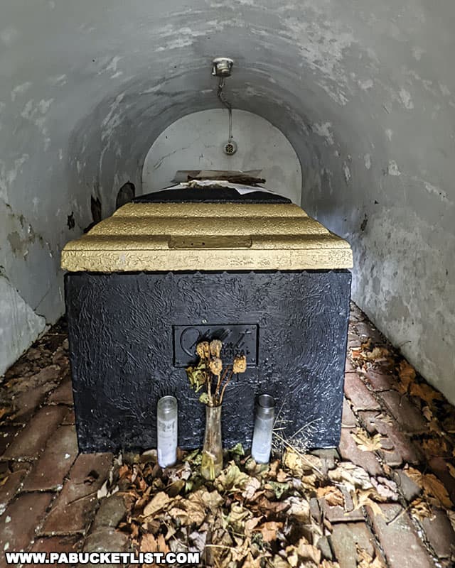 The cast iron vault containing the remains of Prince Gallitzin.