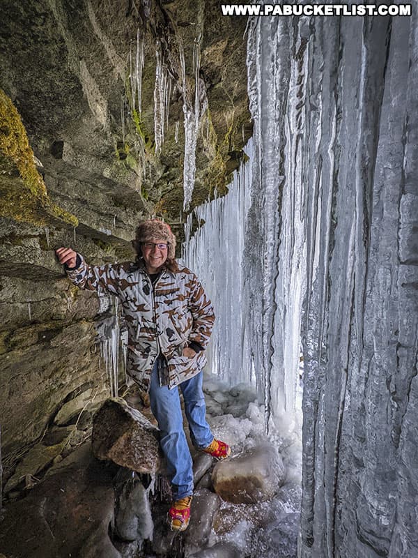 The author inside an ice cave along Heberly Run on State Game Lands 13.