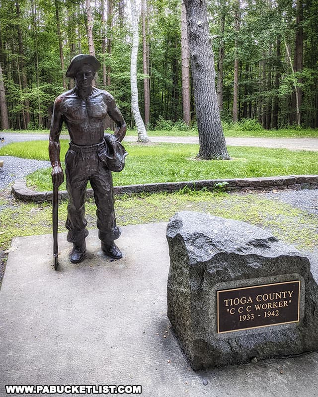 Tioga County CCC Worker memorial and statue at Leonard Harrison State Park.