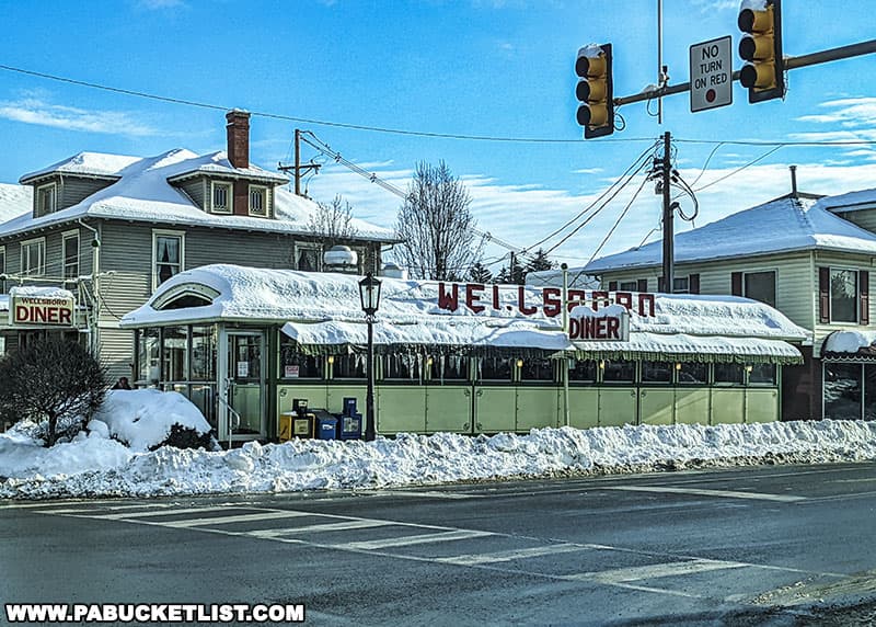 The snow-covered Wellsboro Diner on a winter morning.