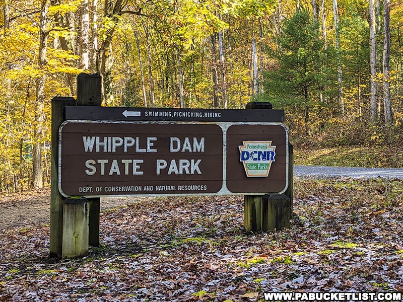 Whipple Dam State Park sign in Huntingdon County, PA.