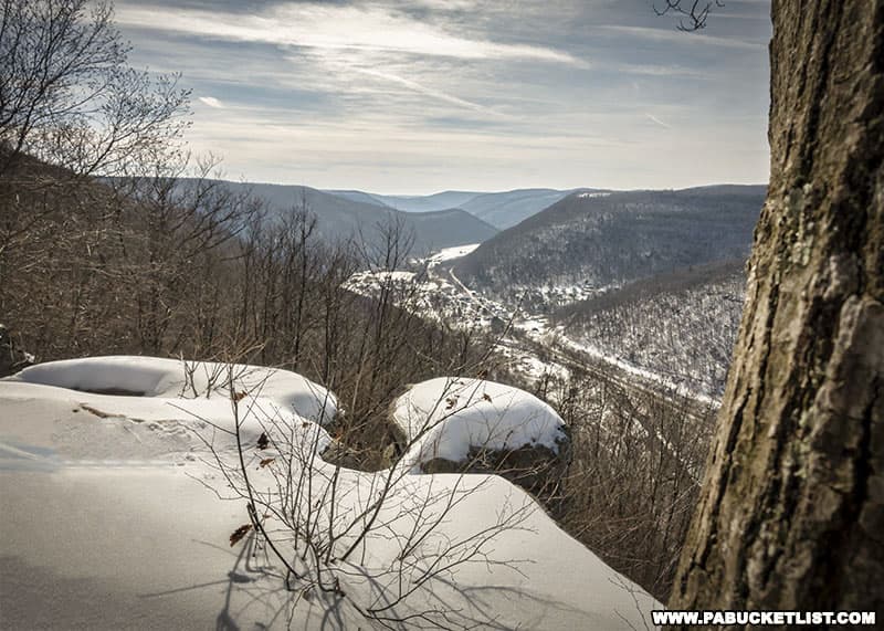 Snow-covered Band Rock Vista overlooking Ralston and the Lycoming Creek Valley below.