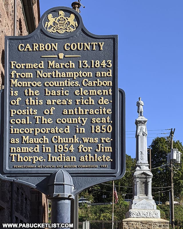 Carbon County historical marker in downtown Jim Thorpe.