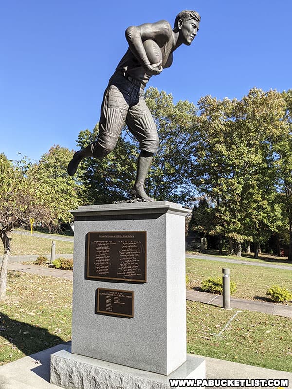 Sculpture of Jim Thorpe playing football at his memorial in Carbon County Pennsylvania.