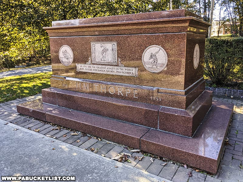 The red granite mausoleum at the Jim Thorpe Memorial.