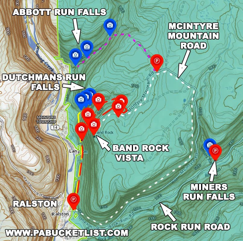 Map showing various routes to Band Rock Vista in the McIntyre Wild Area.