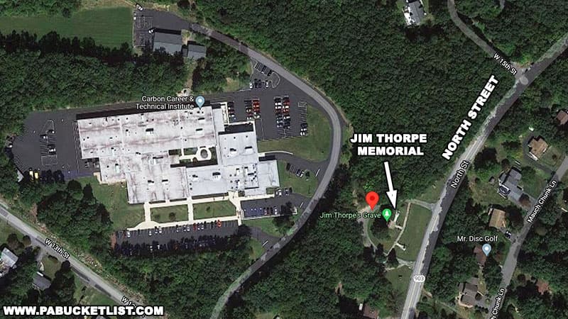 A map to the Jim Thorpe Memorial in Jim Thorpe, PA.