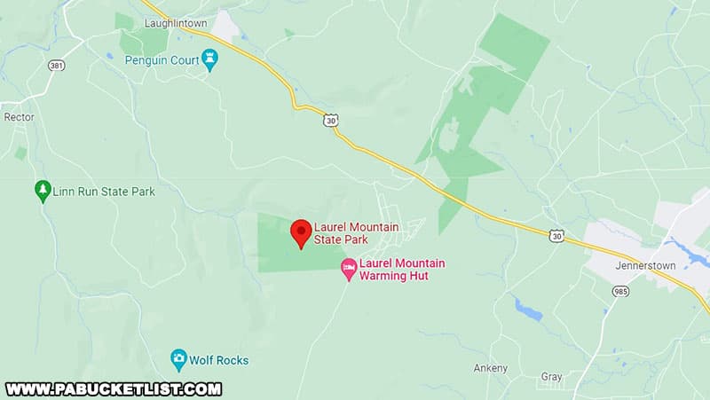 How to find Laurel Mountain State Park ski area in Westmoreland County Pennsylvania.