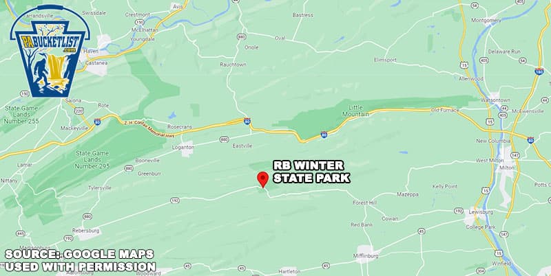 A map to RB Winter State Park along Route 192 in Union County, PA.