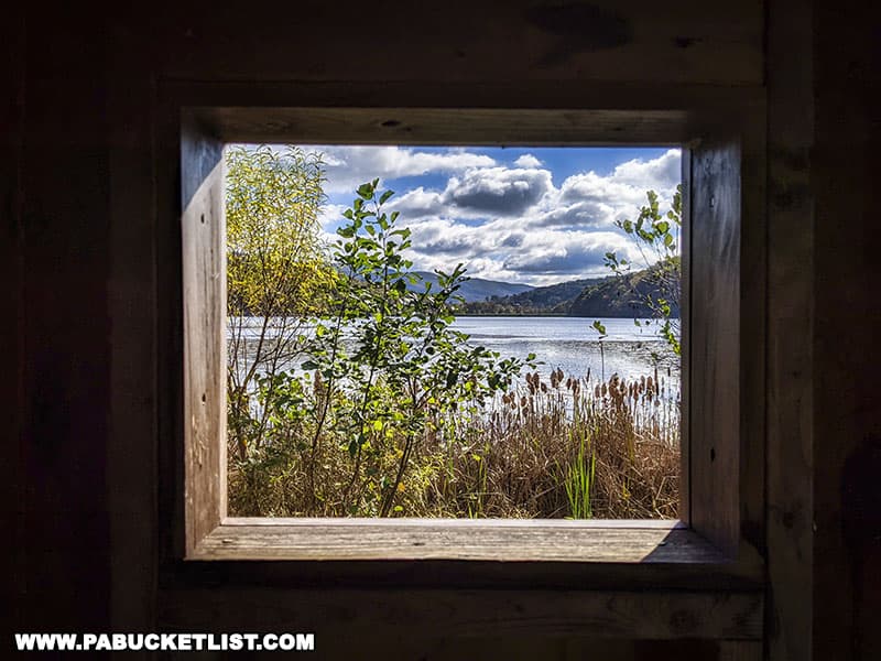 View from inside a birding blind at Canoe Creek State Park in Blair County Pennsylvania.
