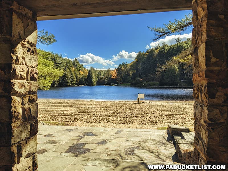 View of the beach on an early fall day at RB Winter State Park in Union County PA.