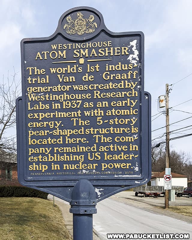 Westinghouse Atom Smasher historic marker near the main gate to the former research lab.