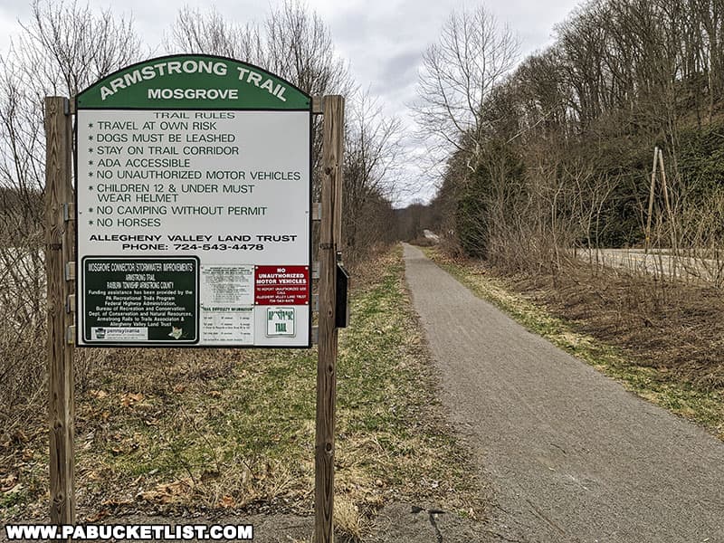 The Armstrong Trail Mosgrove Trailhead near Buttermilk Falls in Armstrong County Pennsylvania.