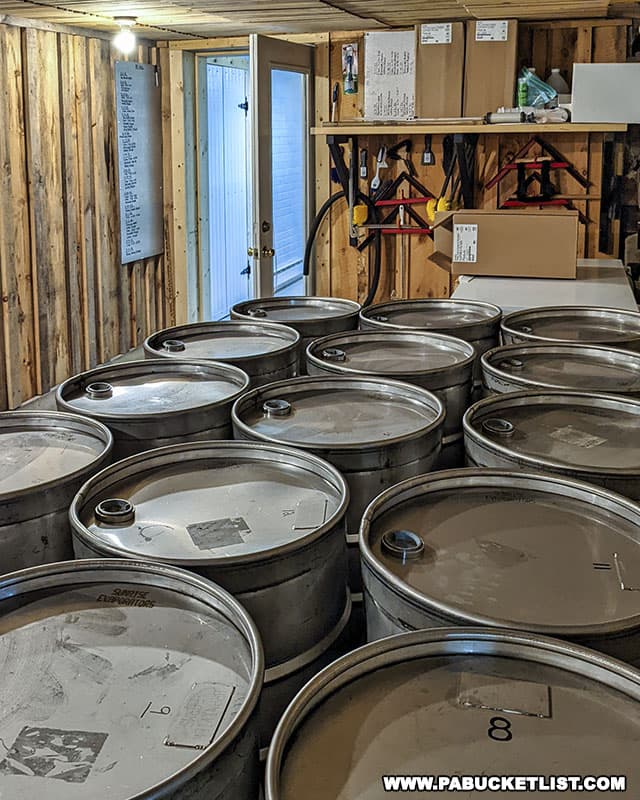 Drums used to store maple syrup at Brantview Farms Maple Camp in Somerset County PA.
