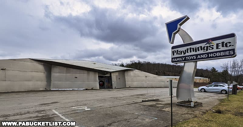 Playthings Etc is a large stealth bomber-shaped toy store located along Route 8 in Butler County Pennsylvania.