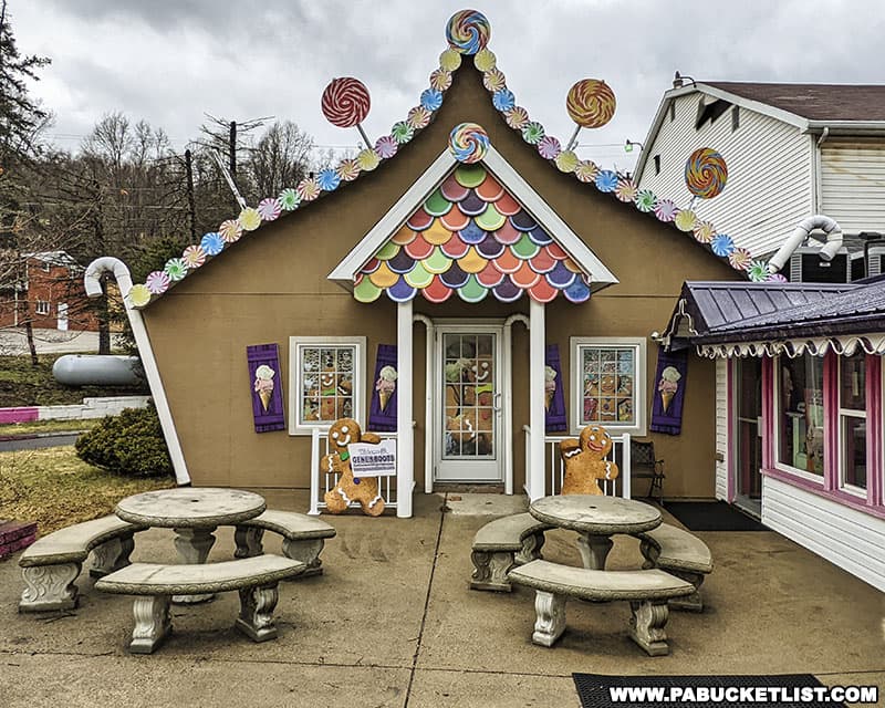 Gingerbread House decorations at the Perryopolis location of Gene and Boots candy store.