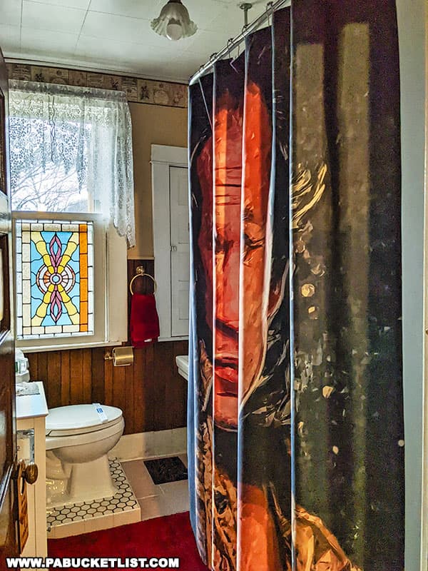 The bathroom and custom shower curtain at the Silence of the Lambs house.
