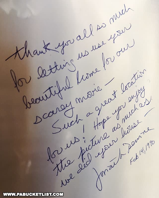 A note from Silence of the Lambs director Jonathan Demme thanking the home owners for letting them shoot part of the film there.