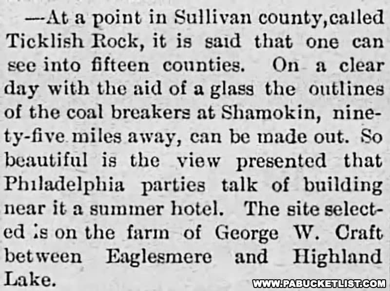 1897 newspaper account of Ticklish Rock in Sullivan County Pennsylvania.