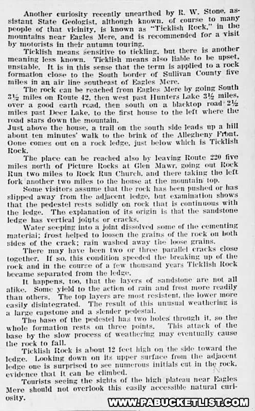 1939 newspaper account of Ticklish Rock in Sullivan County Pennsylvania.