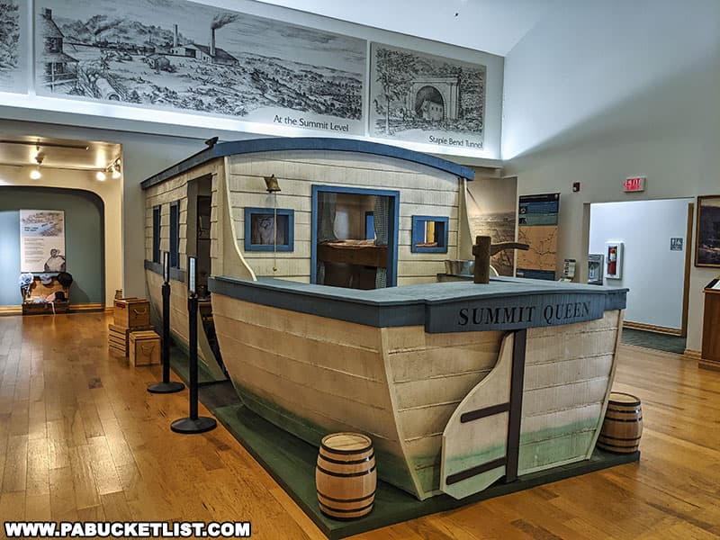 A sectional canal boat display inside the Allegheny Portage Railroad Visitor Center near Altoona.